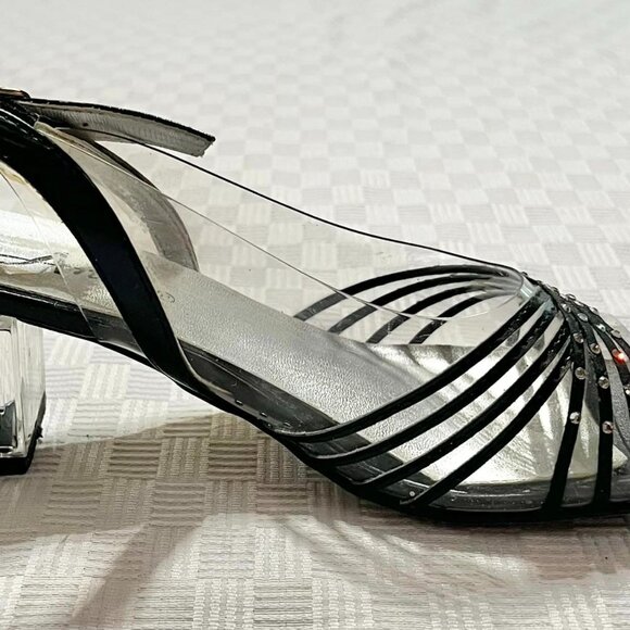 Size  7 Wide Annie Black & Clear High Heels with Silver Sole - Picture 3 of 10